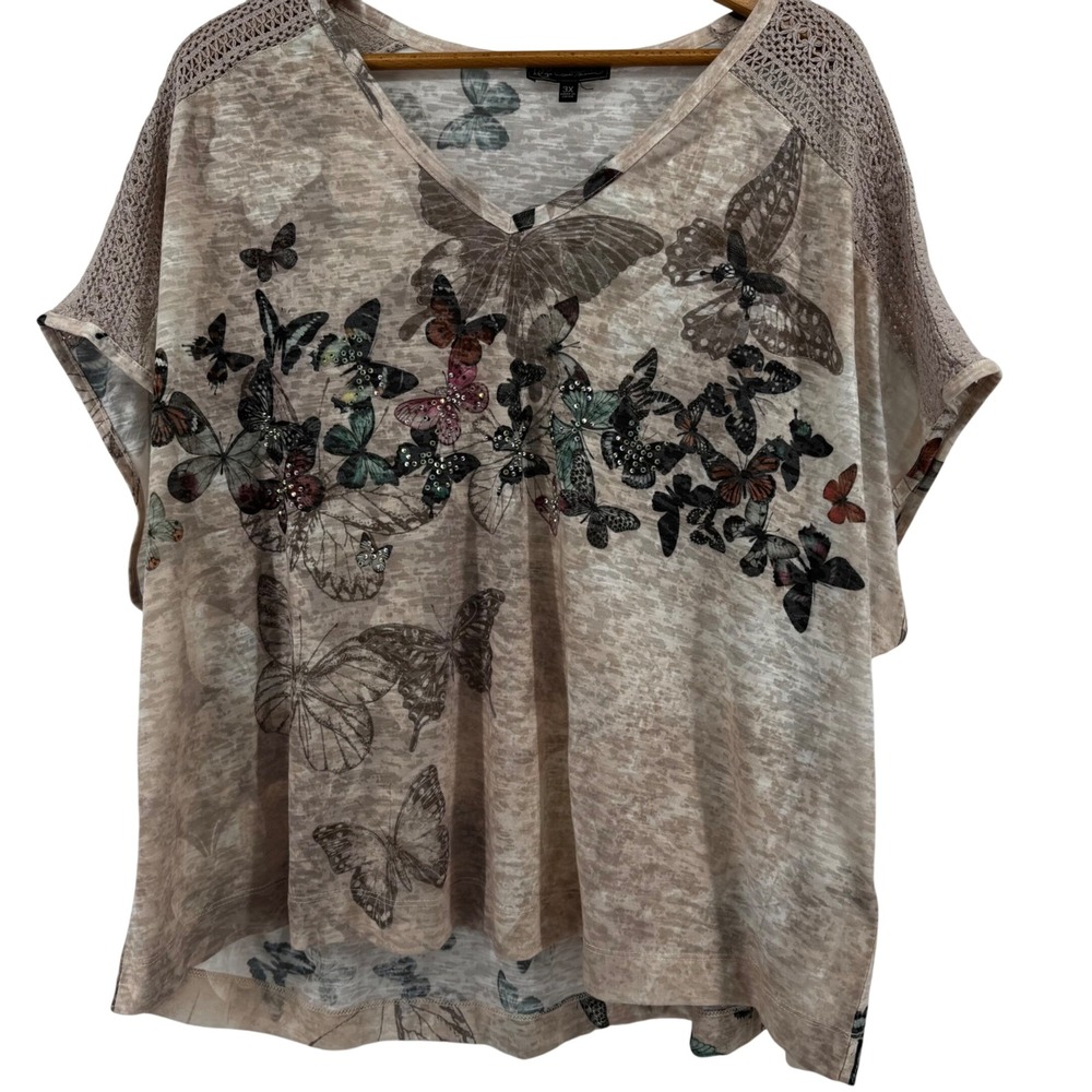 DG2 Diane Gilman Womens 3X Butterfly Rhinestone Crochet Lace Slub Knit Top Tan